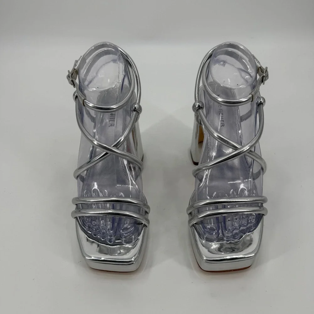 Marc Fisher Godea Silver Metallic Platform Block Heel Strappy Sandals Womens 8M